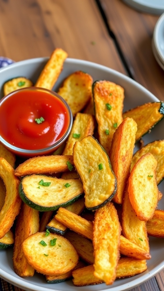 Crispy Air Fryer Zucchini Fries Recipe Crispy air fryer zucchini fries served with marinara sauce on a rustic table.